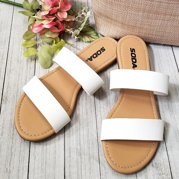 Shoes - New White Dual Band Slip On Slides Flat Sandals